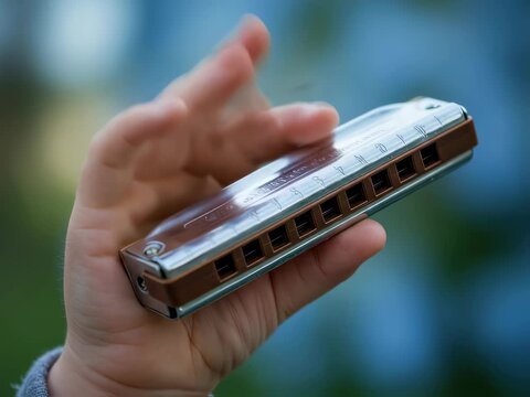 Child holding a harmonica outdoors, demonstrating a copper-plated musical instrument, close-up footage.