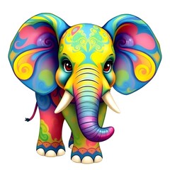 Obraz premium A vibrant multicolor elephant with intricate patterns and swirls of blue, yellow, green, and red hues, set against a clean and bright white background