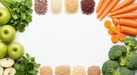 Fresh Ingredients Arranged as a Frame on a White Background, Nutritious and Colorful Food for Healthy Eating