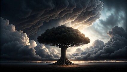 Magnificent Solitary Tree Silhouetted Against Dramatic Cloudy Sky A Symbol of Resilience and Natural Beauty Inspiring Awe and Wonder