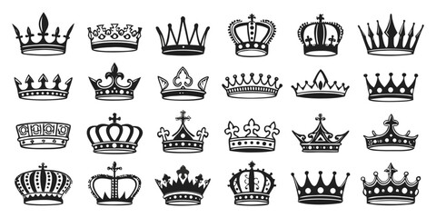 A collection of 50 highly detailed crown designs arranged in a grid on a plain white background. Each crown is unique, illustrated in bold black silhouette style with intricate details such as jewels,