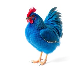 Fototapeta premium A vibrant blue chicken with intricate feathers and a distinctive beak stands proudly on a pristine white background
