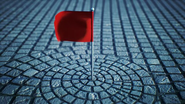 Vivid Red Flag Waving Over Intricate Gray Cobblestone Surface Pattern Casting Shadows For Warning And Symbolism