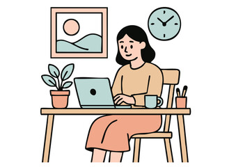 在宅勤務をする女性のイラスト