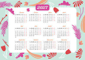 Calendrier 2027, tous les mois de l'année en français, décors fleurs abstraites tons rose orange