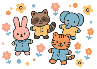 花に囲まれたウサギ・タヌキ・象・虎の動物