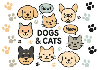 足あと・吹き出し犬と猫の顔アイコンセット