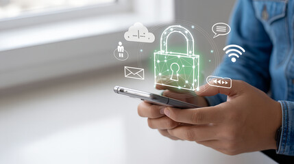 Person holding smartphone with digital security icons and glowing padlock overlay