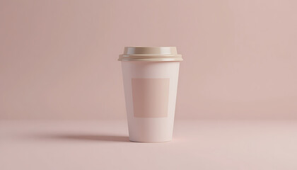 Minimalist aesthetic a tall light pink reusable travel coffee cup with a subtle shadow against a soft blush pink background