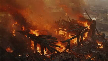 Fototapeta premium The picture shows a scene where a building is burning and collapsing in a raging fire, with flames soaring into the sky and broken walls, full of destructiveness and tension.