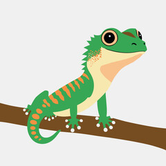 Fototapeta premium Bright green cartoon gecko with orange stripes on a brown branch. Suitable for exotic animal illustrations, naturethemed designs, and childrens products.