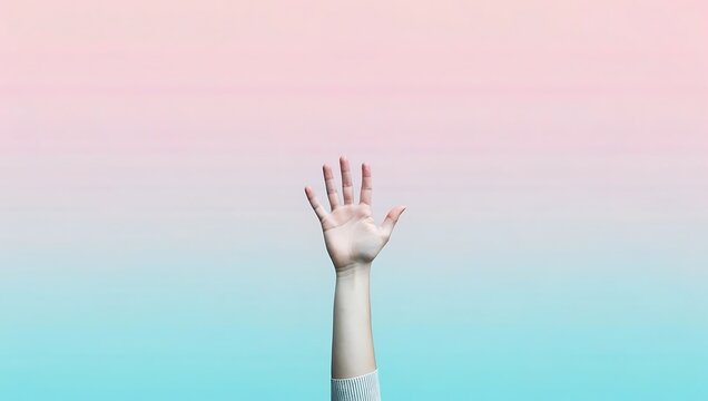 Raised hand against pastel background symbolizing reaching success or asking for help with a gradient color scheme and clean aesthetic