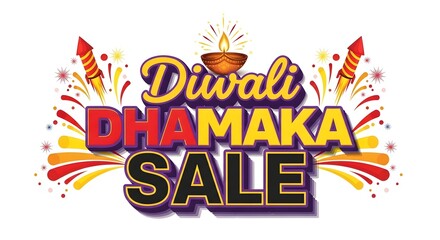 Diwali dhamaka sale announcement with colorful fireworks and a traditional diya lamp, promoting special offers and discounts during the festive season