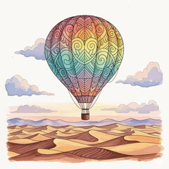 Hot Air Balloon Flying Over Desert Sunset Vector Illustration
