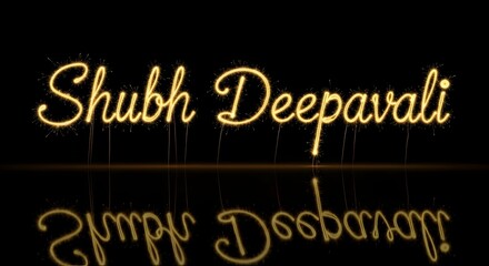 Obraz premium Shubh deepavali text written in sparkling golden script with light effects and reflection on a black background, a festive greeting for diwali