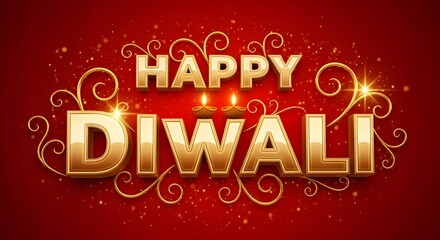 Luxurious golden 3d typography spelling happy diwali with ornate swirls and sparkling effects on a vibrant red background, celebrating the festival of lights