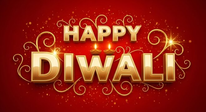 Luxurious golden 3d typography spelling happy diwali with ornate swirls and sparkling effects on a vibrant red background, celebrating the festival of lights