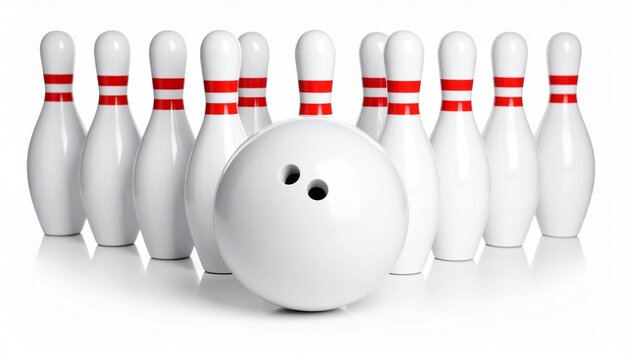Ten white bowling pins with red stripes arranged in a triangular formation, gray marble-textured