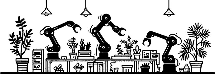 Minimalistic black and white illustration of robotic arms and plants in a modern workspace