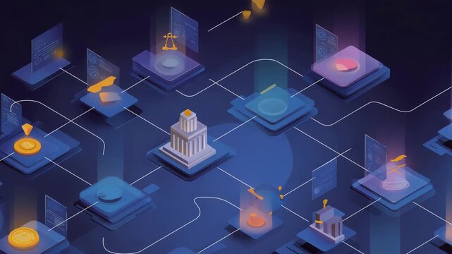 The image is a colorful and intricate representation of a network of buildings and coins. Flat conceptual of blockchain network regulation process, crypto law, minimal infographic style