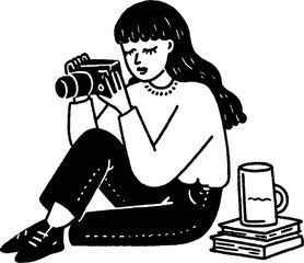 Minimalistic black and white illustration of a woman with camera and books