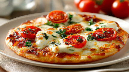 Freshly baked pizza with mozzarella, tomatoes and herbs on a white plate