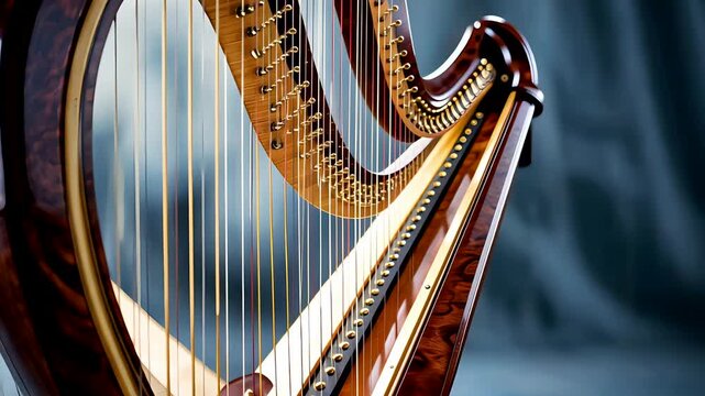 Elegant wooden harp with detailed strings and golden frame captured in soft studio lighting for musical instrument concept