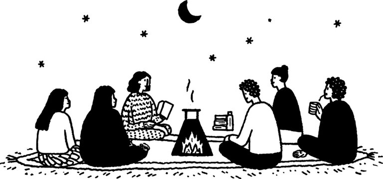 Minimalistic black and white campfire gathering under stars