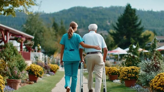 Compassionate Support: A caregiver tenderly assists a senior man as they stroll together, embracing the serenity of a sun-kissed day. This evokes feelings of security and mutual respect. - Powered by Adobe