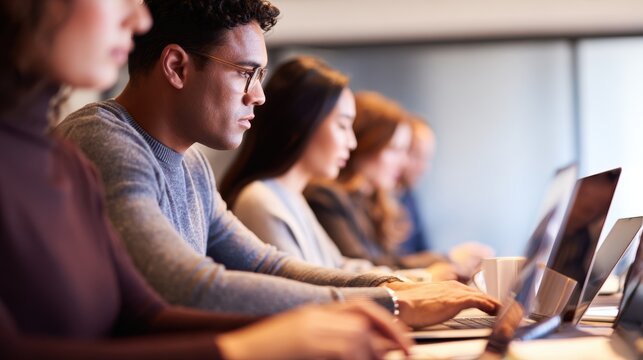 Group of diverse professionals engaged in focused work on laptops during a collaborative meeting