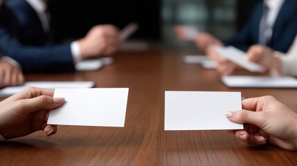 Two individuals exchanging blank cards during a business meeting at a wooden table with colleagues in background