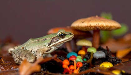 Fototapeta premium A frog amidst colorful mushrooms
