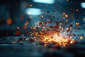 Metal fragments explode in a fiery burst