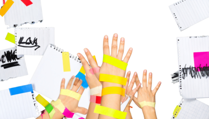 A collection of torn notebook papers featuring collage-style hands, stickers, scotch tape, and marker sketches, designed in a modern punk aesthetic.
