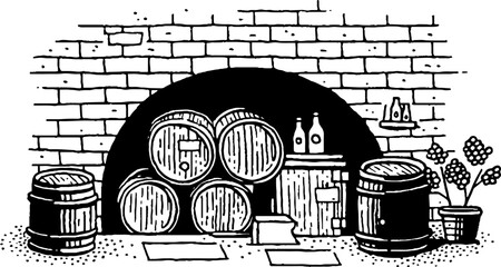Minimalistic black and white cellar illustration featuring barrels and brick wall