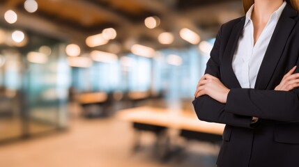 Professional woman in a business suit stands confidently with arms crossed in a modern office setting