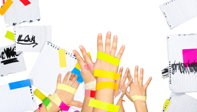 A collection of torn notebook papers featuring collage-style hands, stickers, scotch tape, and marker sketches, designed in a modern punk aesthetic.
