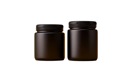 Two dark, matte, cylindrical jars, side-by-side, on a black background.  Each jar has a slightly domed lid.  The jars appear to be of different sizes
