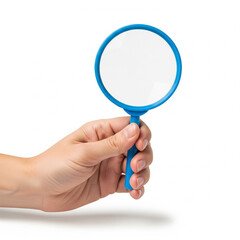Human Hand Holding a Blue Magnifying Glass for Searching and Inspecting on Isolated transparent background