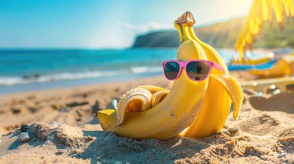 Obraz premium A smiling banana wearing sunglasses on the beach with a tropical drink. A fun summer mood concept.