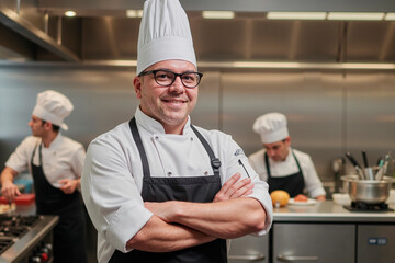 Portrait of Caucasian middle aged man chef standing with arms crossed in professional kitchen, smiling at camera while two young adult male chefs preparing food in background
