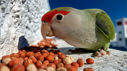 Colorful parrot eating nuts on sunny day outdoors