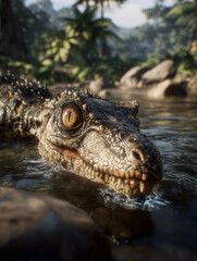 Obraz premium Crocodile Reptile Wildlife Habitat Water Nature Prehistoric Jungle Closeup Portrait Eyes Environment Predator Ecology Creature Wilderness Stream Predatory Landscape Forest Greenery Dangerous Ferocious