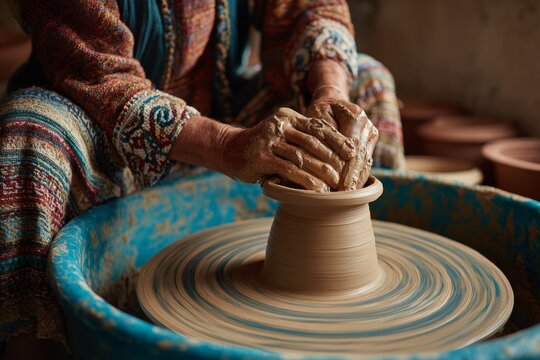 A talented artisan uses hands to mold clay into a beautiful pottery piece on a spinning wheel inside a workshop during warm afternoon light - Powered by Adobe