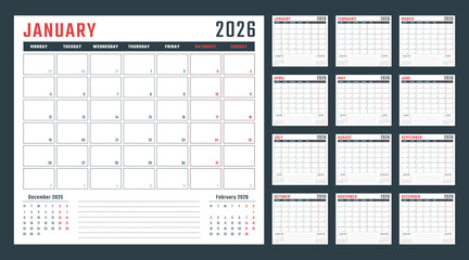 calendar for 2026 starts monday, vector calendar design 2026 year