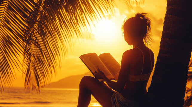 A woman reading a book under a palm tree at sunset on a tropical beach with golden light shining through