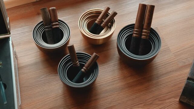 Tebet singing bowls stand on the floor
