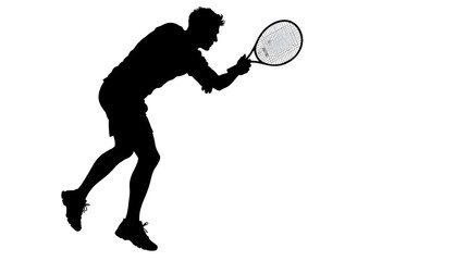 Dynamic tennis player in action silhouette hitting a powerful forehand shot with intense focus on white background