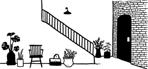 Minimalistic interior design with black and white staircase and potted plants illustration