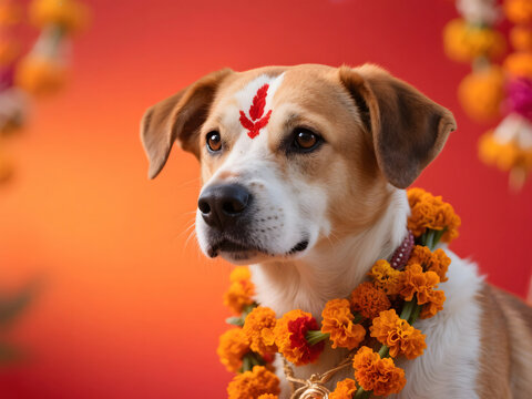 Dog with tika on forehead and garlands of marigolds celebrated during Kukur Tihar in Nepal, symbolizing sacred love, loyalty, and devotion in Hindu traditions of Tihar festival